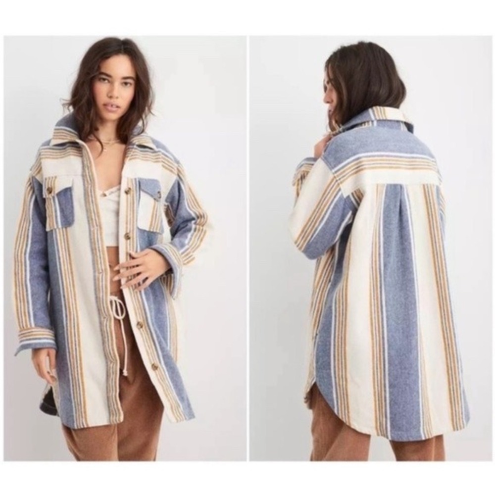 Aerie Long Shacket  M Blue Cream Striped Cotton Flannel Button Down Pockets GUC